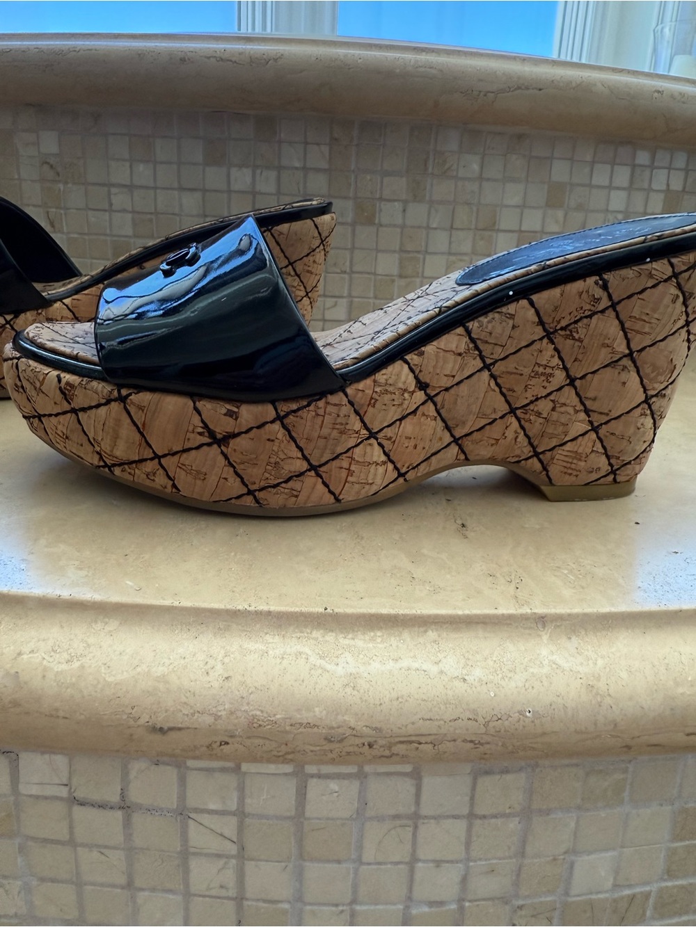 Vintage CHANEL Black Patent CC Cork Platform Mules Size 38 w/ Box. Cruise